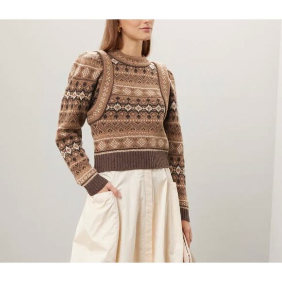 SEA New York Brown Fair Isle Sweater MEDIUM Wool Cottage Puff Sleeves Retro $400 - Picture 3 of 10
